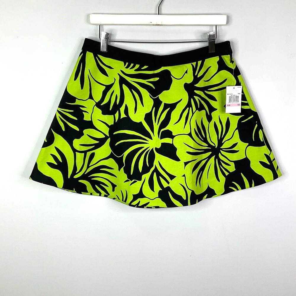 Michael Kors Skirt Women 10 Green Black Floral  A-Line Stretch Cotton Unlined